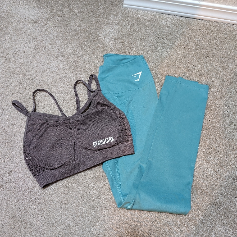 Gymshark leggings and bra sets, size S, mint green and light brown